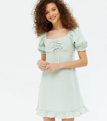 Petite Green Gingham Ruched Frill Mini ...